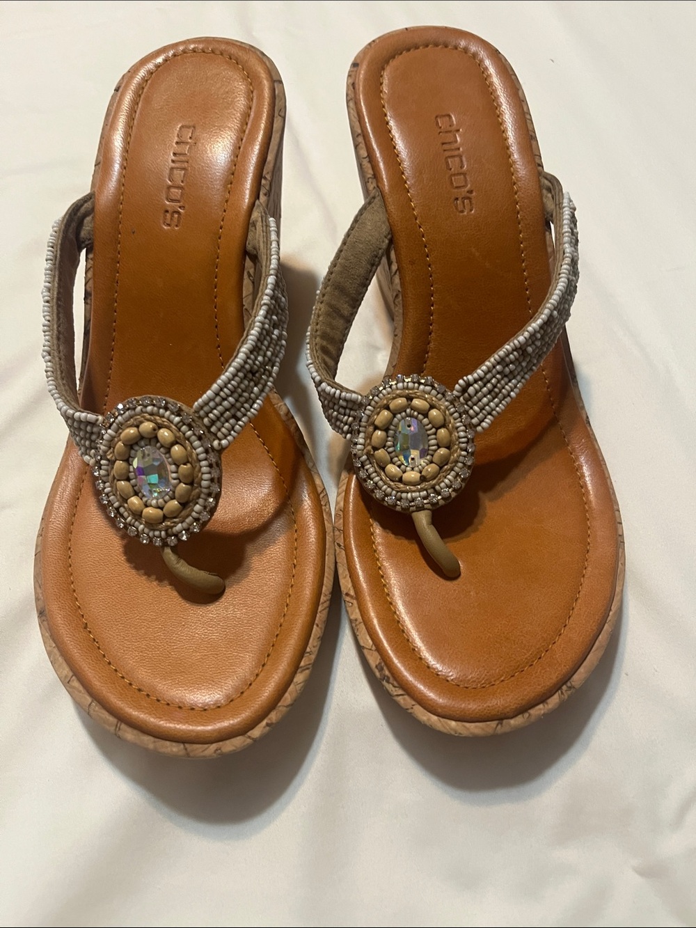 Chico's Tan Leather Beaded Thong Sandals with Gem Medallions